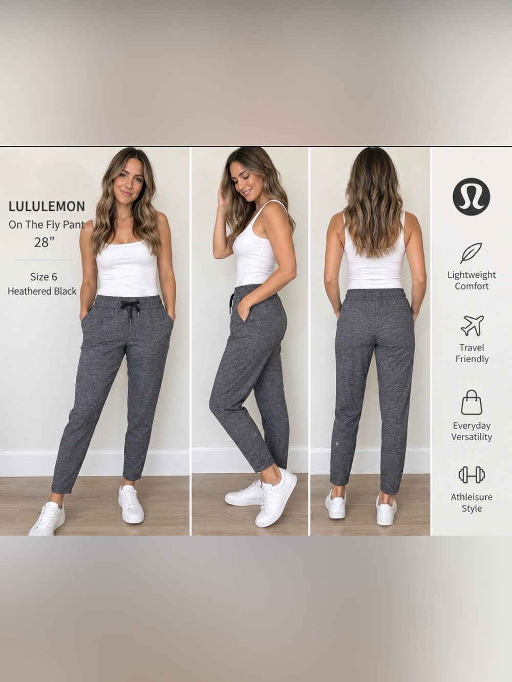 122 Lululemon On The Fly Pant 28” Heathered Black Size 6 Luxtreme